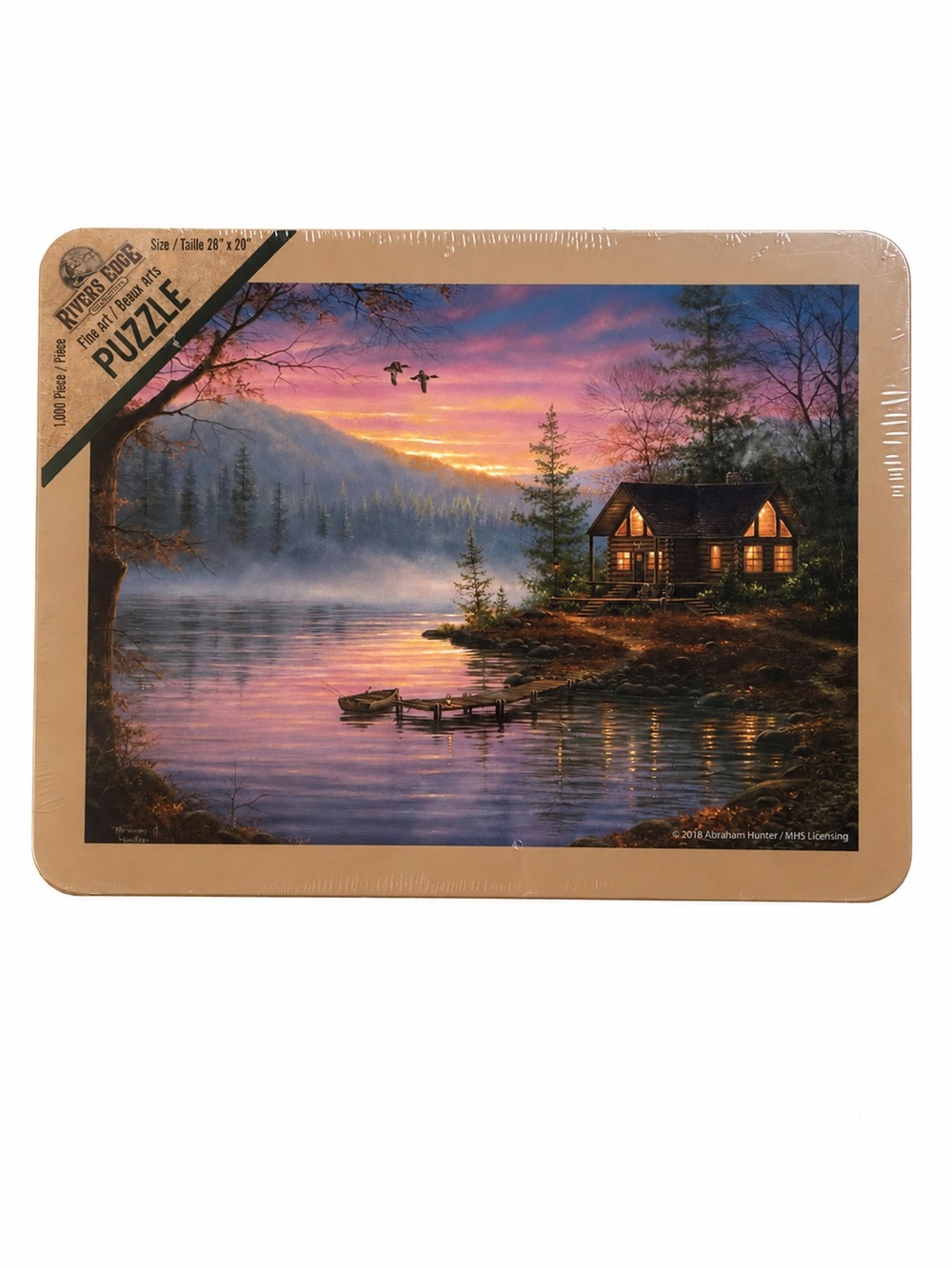 Rivers Edge 1000 Piece Puzzle Tin – Abraham Hunter Cabin Lake Scene – New Sealed
